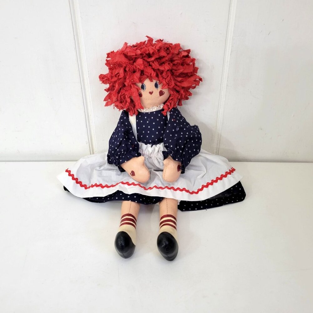 Handmade Rag Doll With Red Hair Navy Polka Dot Dress White Apron And Painted Sho - Picture 8 of 8